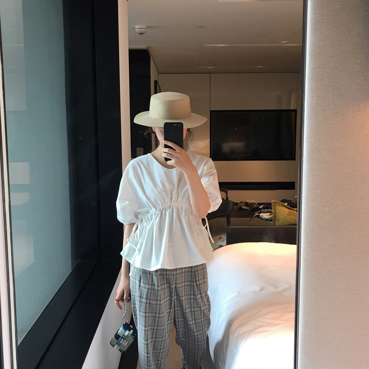 白色衬衫上衣抽绳度假风