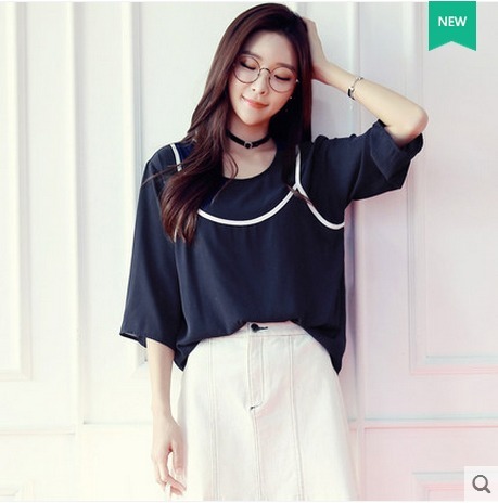 韩都衣舍春装新款女装七分袖雪纺衫T恤宽松#...