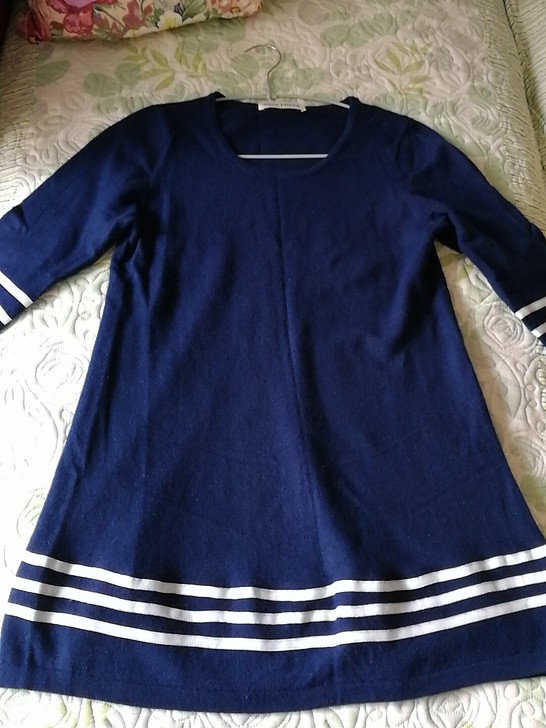 宝姿七分袖长款蓝色羊绒衫