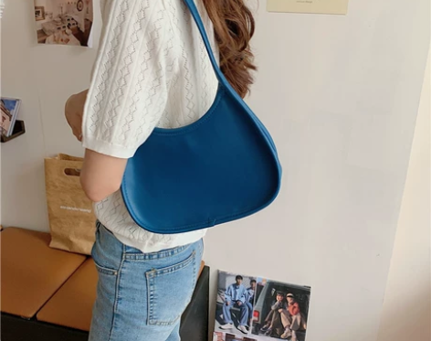 小众设计复古宝蓝色chic简约个性腋下包半...