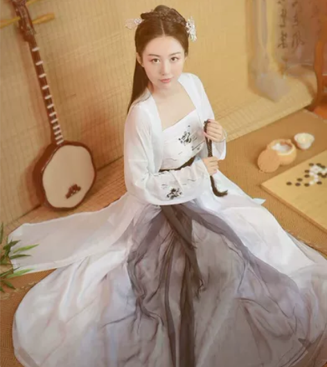 如梦霓裳汉服女绣花长褙子花非花白色水墨风对...