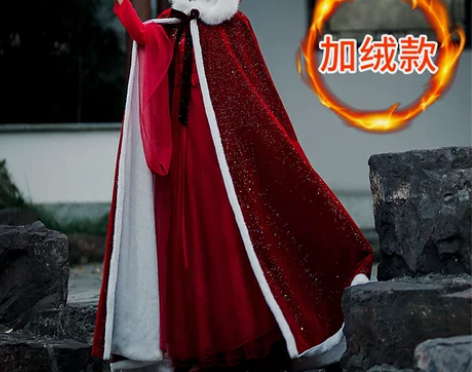 【年货价】酒红色斗篷汉服女中国风毛领加绒加...