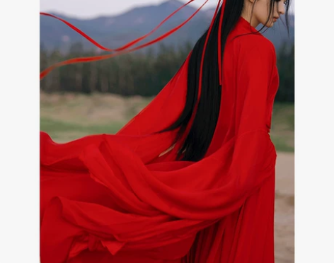 红色魏晋风武侠古装汉服女中国风交领古风摄影...