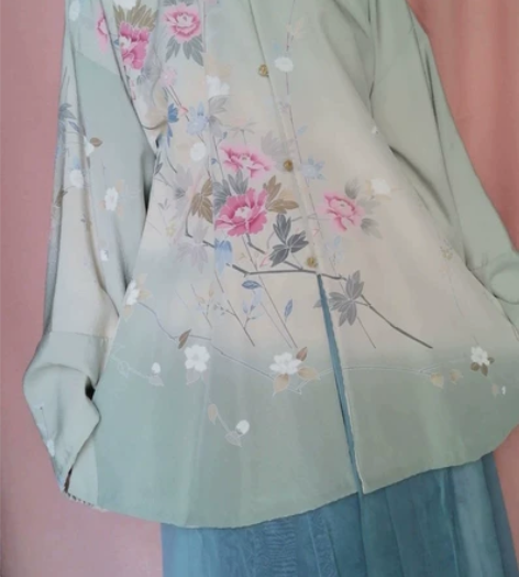 正绢和服改汉服手绘花真丝立领衫明制汉服 和...
