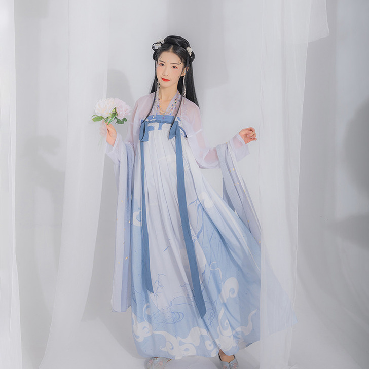 汉尚华莲原创汉服画壁印花对襟高腰齐胸襦裙性...