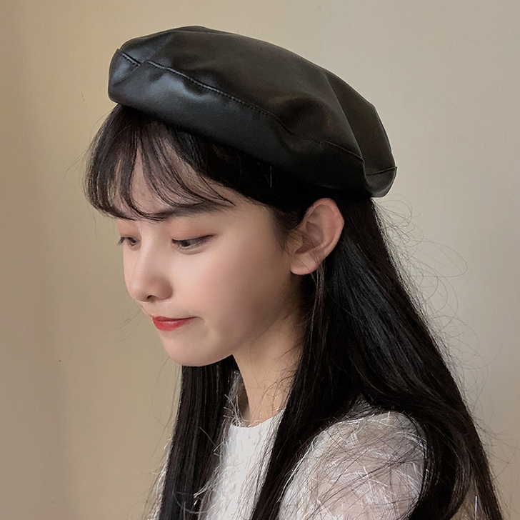 港风时髦百搭pu皮质贝雷帽女春秋