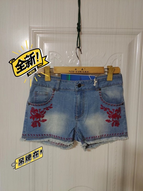 裂帛品牌全新女士重工刺绣重工刺绣牛仔短裤