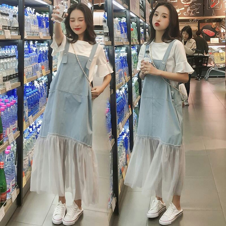 套装夏季新款韩版学生百搭显瘦连衣裙宽松网纱...