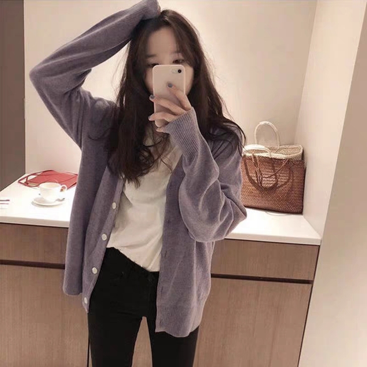 针织外搭开衫外套女2021年春装爆款新款紫...