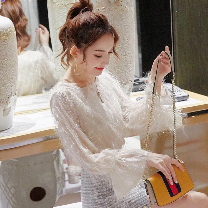 洋气小衫女韩版喇叭袖时尚上衣女秋装圆领打底...