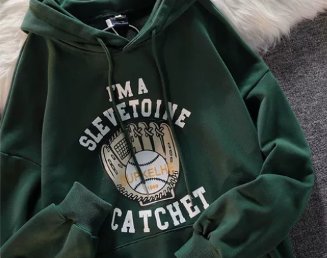 墨绿色美式复古街头潮流棒球手套印花连帽卫衣...