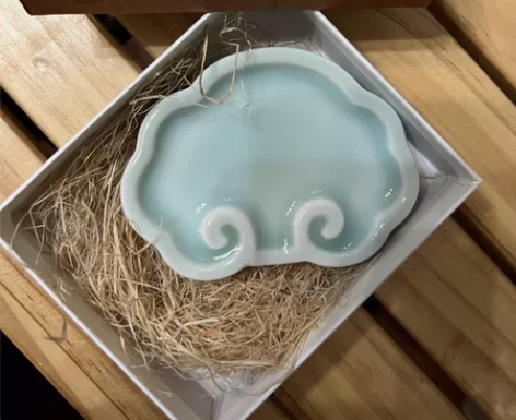 祥云笔舔陶瓷小楷墨碟古风砚台毛笔架 老店新...