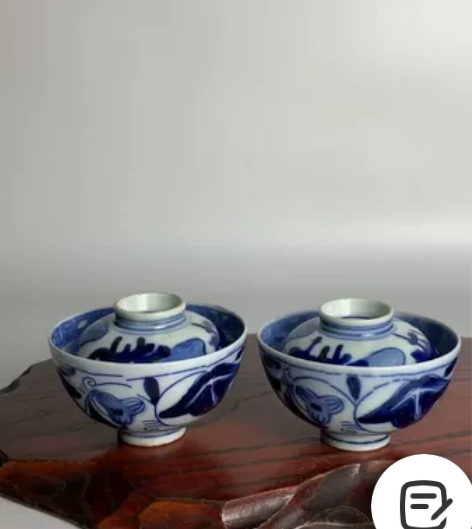 中古日本造 昭和时期 青花盖碗 手绘老年份...