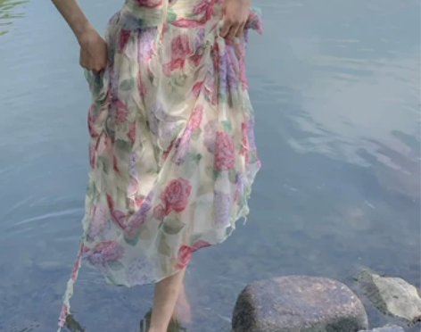 法式裙 法式长裙花野迷踪 浪漫温柔荷叶边印...