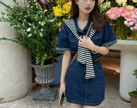 ?2022法式复古小众设计高级感蓝色牛仔连...