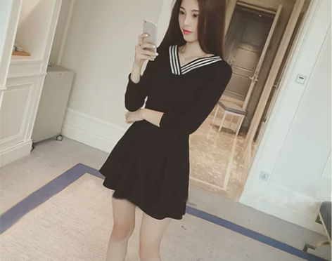 2017秋冬新款女装V领长袖连衣裙修身显瘦...