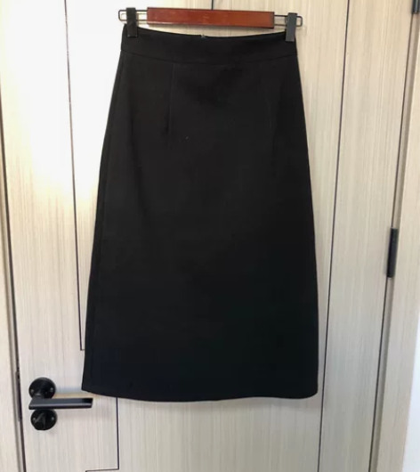 S码芬勒尔高腰开叉半身裙女秋冬显瘦黑色中长...