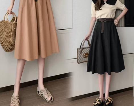 工装半身裙中长款伞裙女2021春装新款垂感...