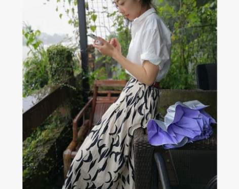 法式优雅水墨笔触意境花色麻料高腰中长款大摆...