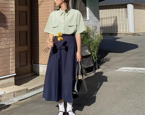 藏青色半身裙女韩版中长款学生ins百褶裙高...