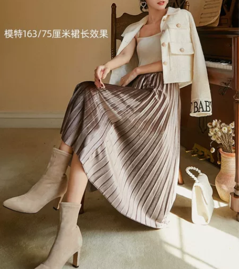 金丝绒百褶裙半身裙秋冬 韩版宽松高腰松．....