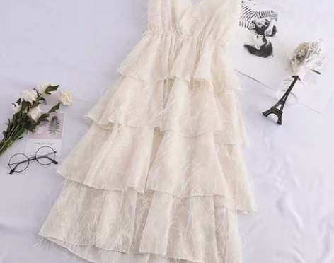 春夏季女小清新甜美吊带可调节V领流苏层层蛋...