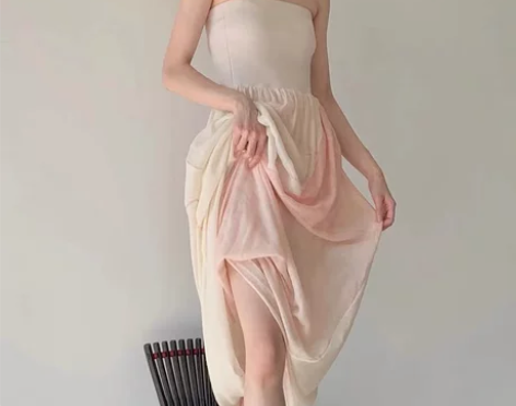 现货！春夏法式温柔旋转拼粉色抹胸连衣裙小众...