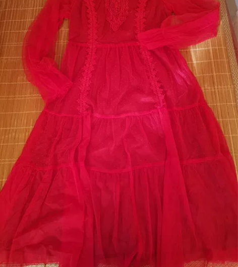 中国红公主风网纱连衣裙。剪标了忘了啥牌子，...