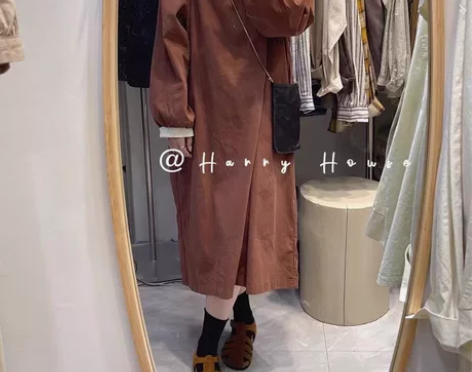 HH9983假两件拼接圆领长款过膝淑女文艺...