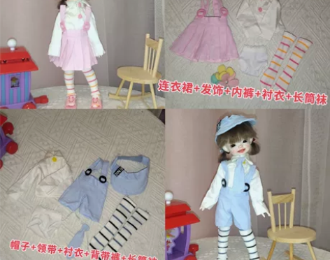 bjd6分可爱学院风情侣套装背带百褶裙白色...