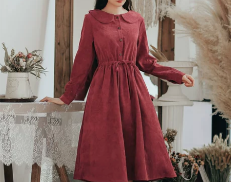 新秋冬百搭修身显瘦气质灯芯绒长袖娃娃领抽…...