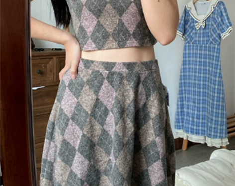 外单纯元 学院风千鸟菱格套装裙翻领短袖+包...