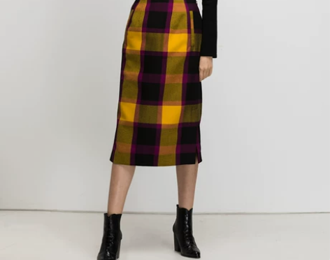 ?SLY复古撞色格纹印花高腰开叉半裙 颜色...