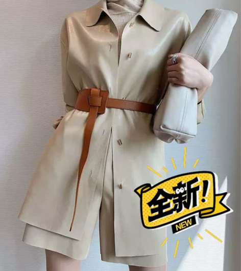 真皮配裙子毛衣打结宽简约百搭黑色腰封头层牛...