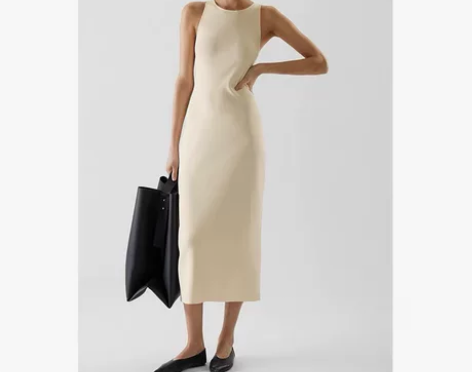 极简cos风米白色圆领气质中长款修身百搭吊...