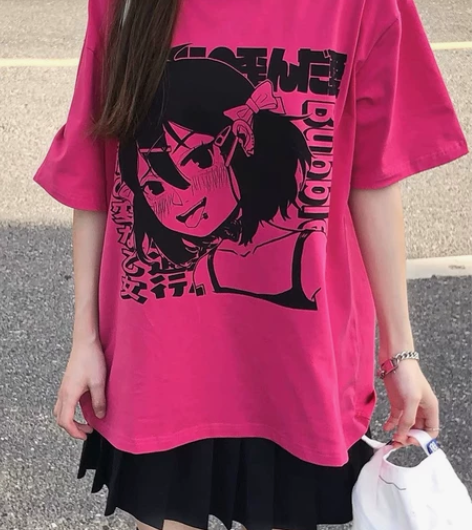 雾眠气泡社二次元日系纯棉火龙果色上衣宽松玫...