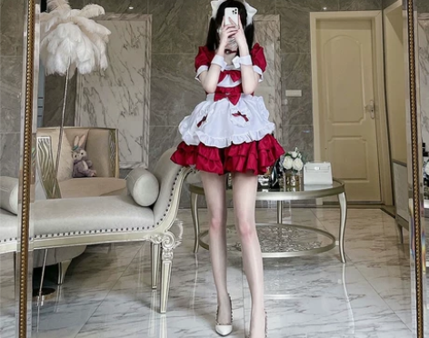 ?日系红色性感女仆装cosplay女装二次...