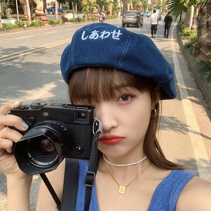 蓝色牛仔贝雷帽子女春秋款夏季字母日系圆脸画...