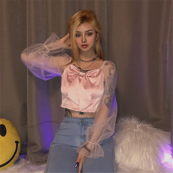 KLIOU 粉色心机网纱t恤气质显瘦蝴蝶系...