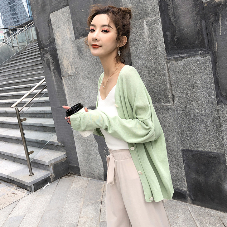 牛油果绿冰丝针织衫女夏季外搭开衫女薄款小披...