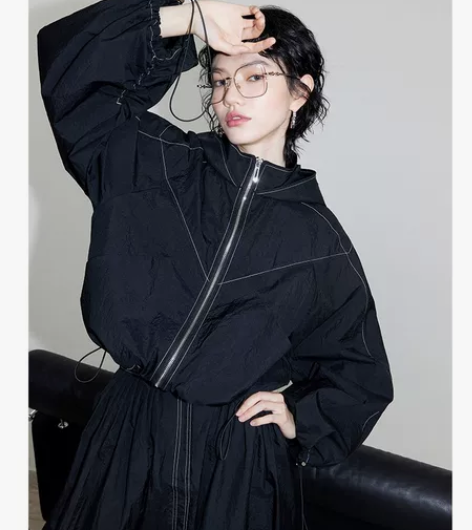 开间/轻运动风 撞色肌理感可调节抽绳廓形连...