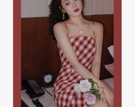 许大晴 港风甜美格子连衣裙女夏季修身高腰直...