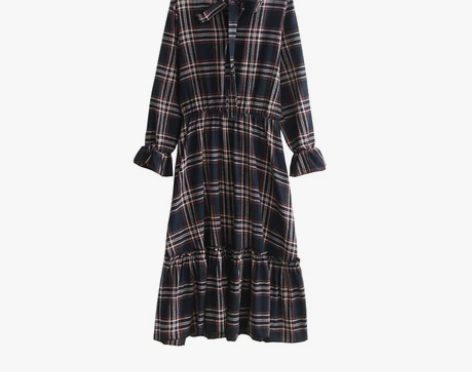 ?安小落港风复古中长款格子长袖飘带过膝长裙...