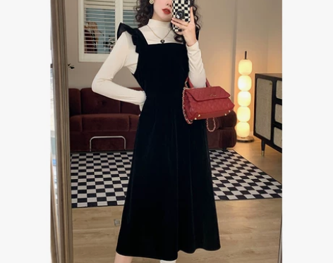 ?【早秋7折】复古宫廷风丝绒连衣裙显瘦长袖...