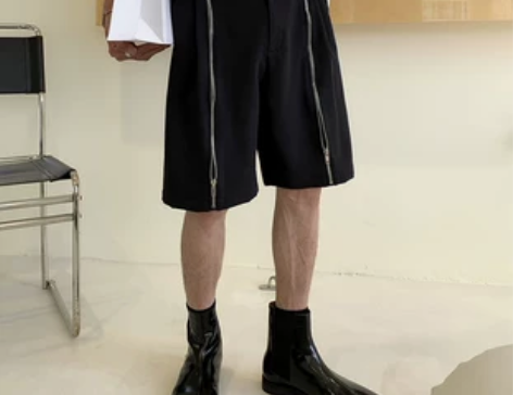 态度夏季小众拉链设计感暗黑色休闲短裤男潮流...