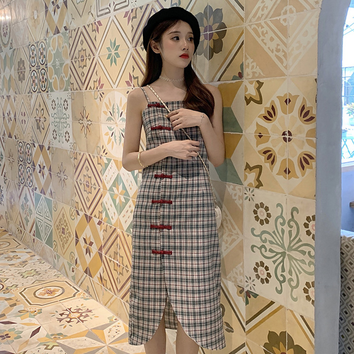 egg法式过膝长裙女夏长款桔梗智熏格子ch...