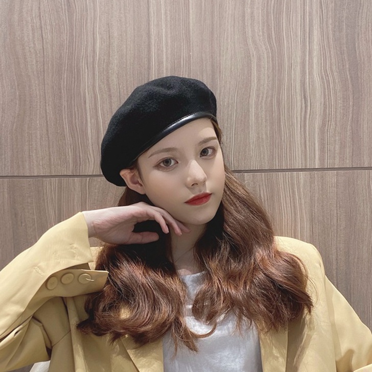皮边羊毛贝雷帽女网红款秋冬韩版潮日系百搭英...