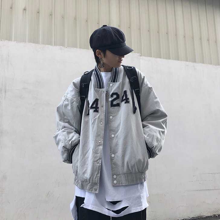 羊羔毛国潮古着ins棒球服男潮冬季加厚潮牌...