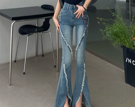 港味复古高腰牛仔裤女夏季设计感不规则修身微...