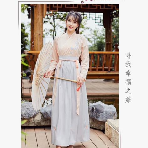 ?出汉元素交领齐腰襦裙浅粉上衣+浅灰裙子M...